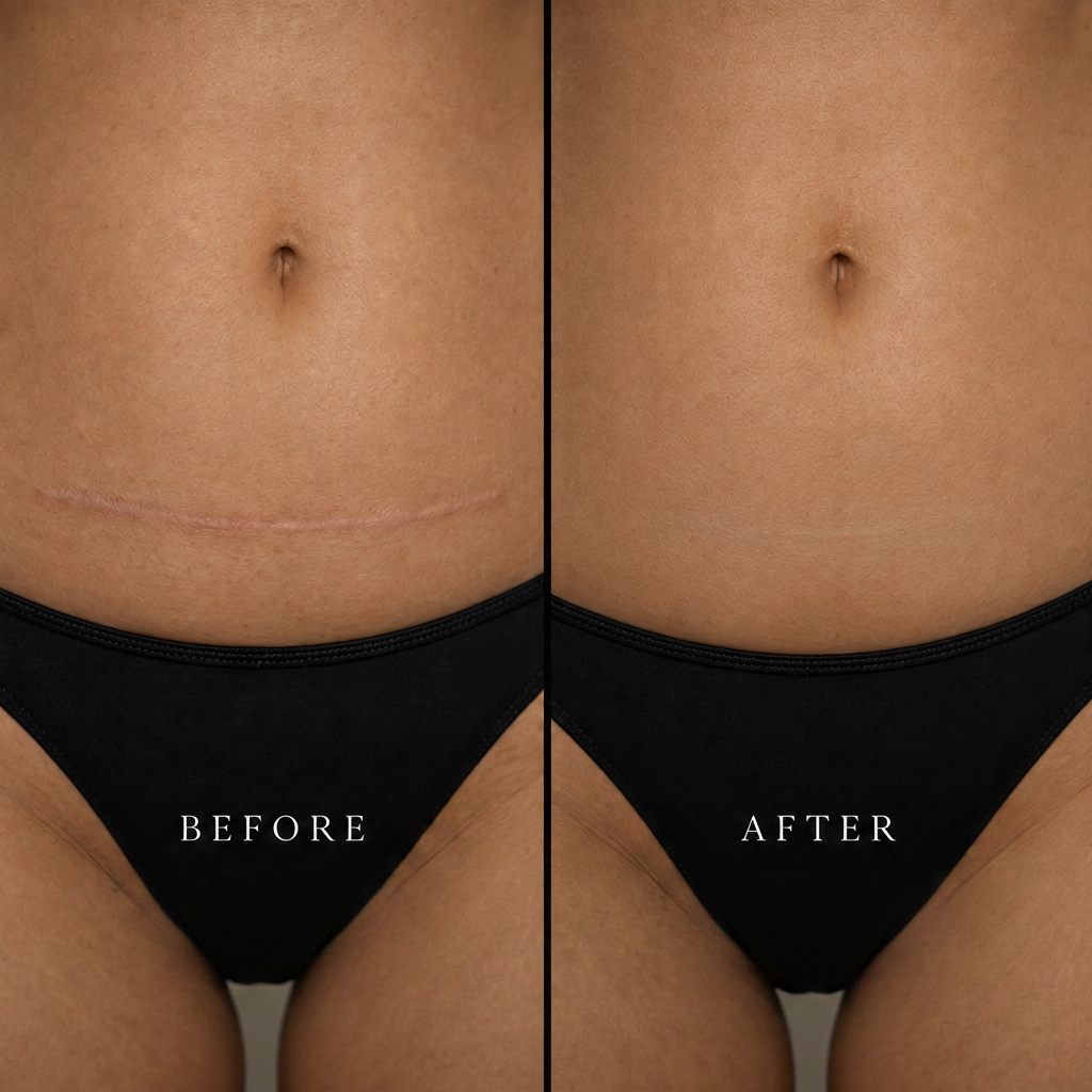 Before and after abdominal C-section scar camouflage